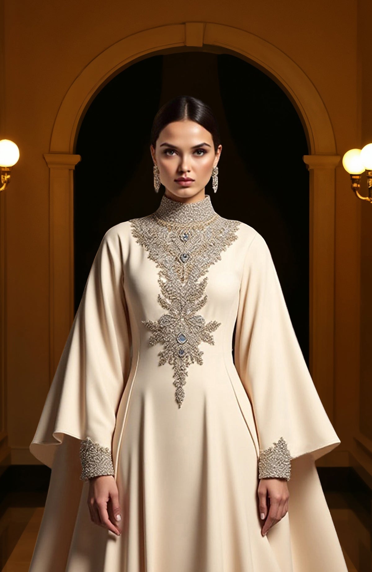 Ivory floor-length gown with high neck, flared sleeves, crystal and bead embroidery, and blue gemstone accents