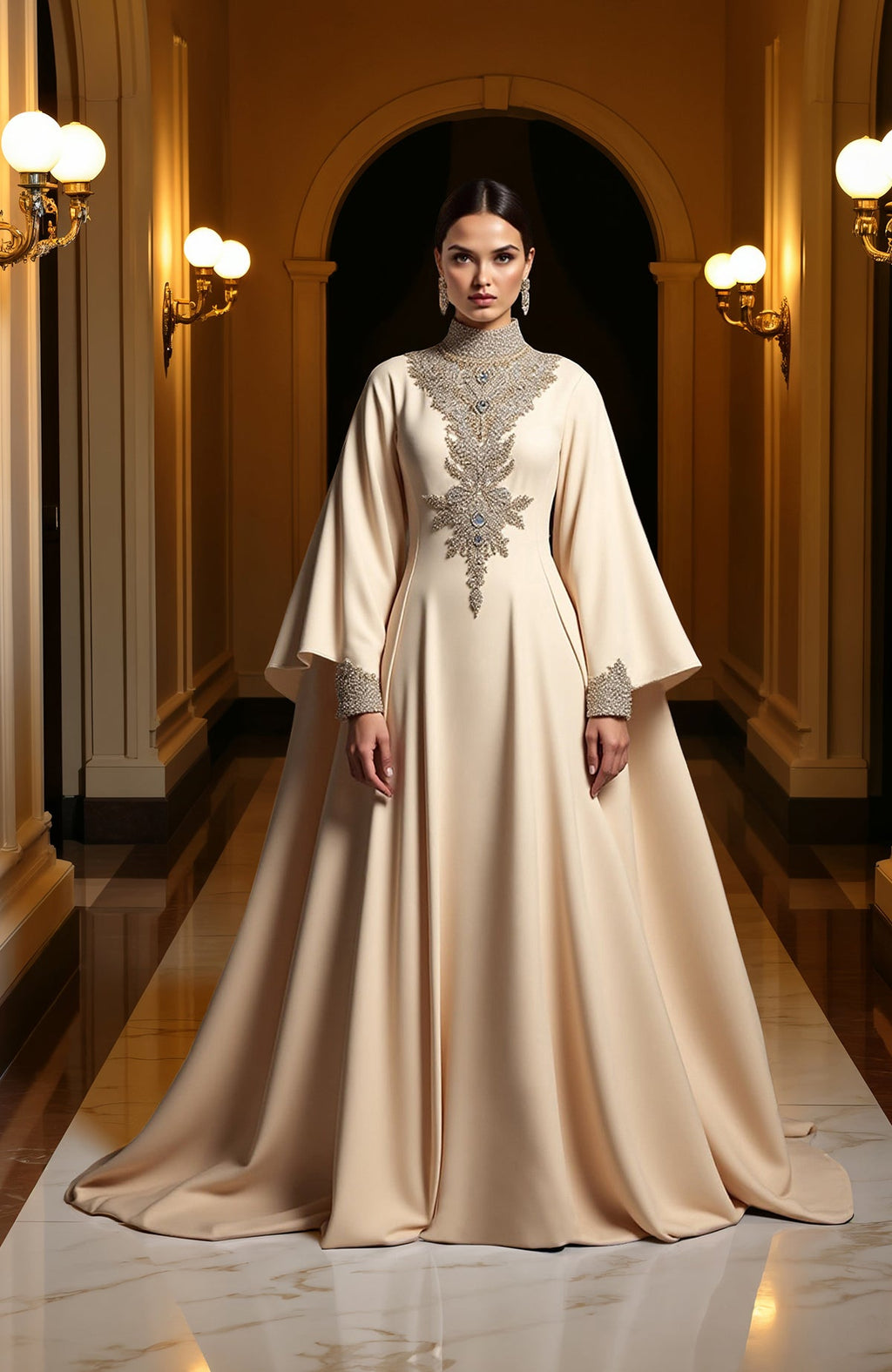 Ivory floor-length gown with high neck, flared sleeves, and bead and crystal embroidery.