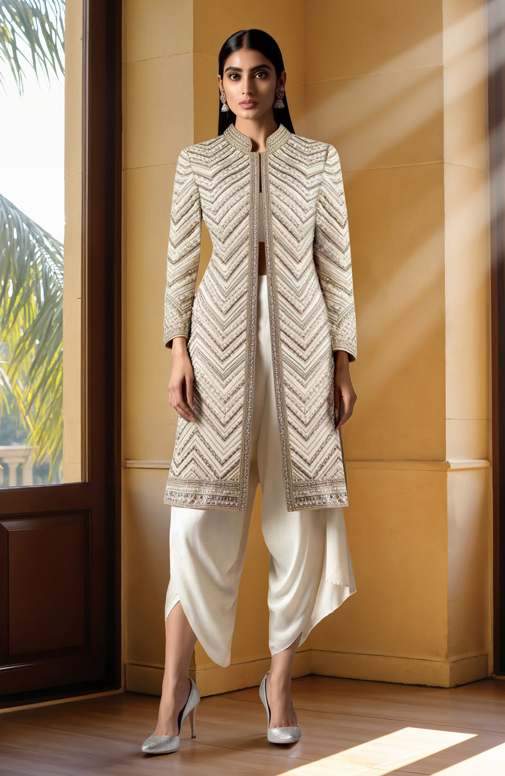 Ivory jacket with bead and sequin embroidery, paired with cropped blouse and draped dhoti pants.