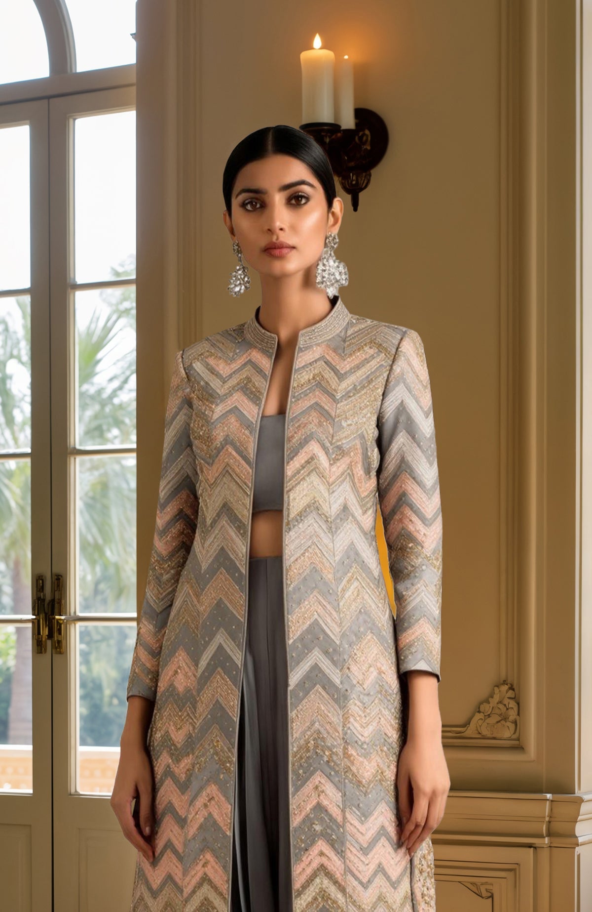 Taupe grey jacket with beads and sequins, paired with cropped blouse and draped harem pants.