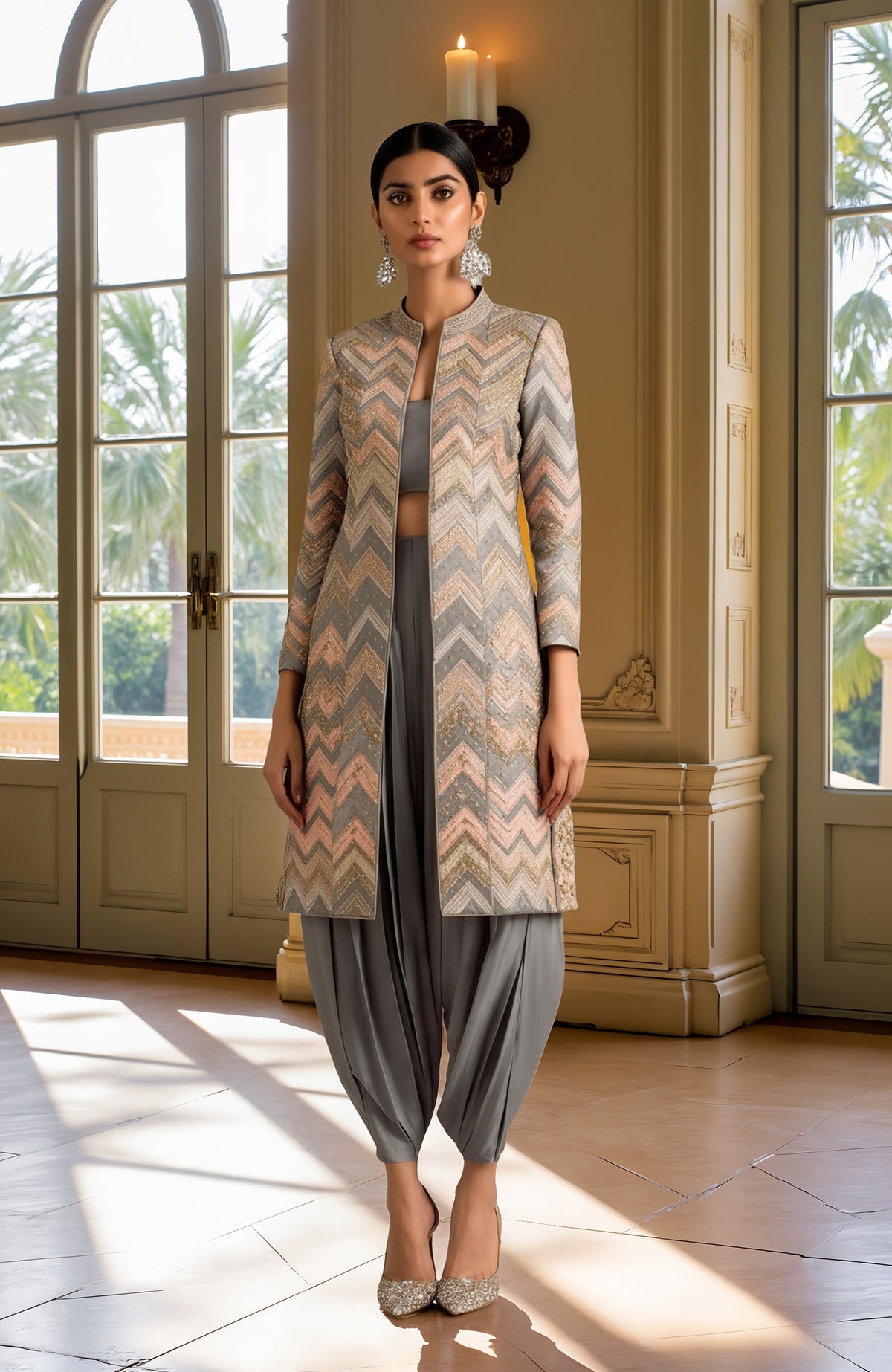 Taupe grey jacket set with bead and sequin embroidery, mandarin collar, cropped blouse, and draped pants.
