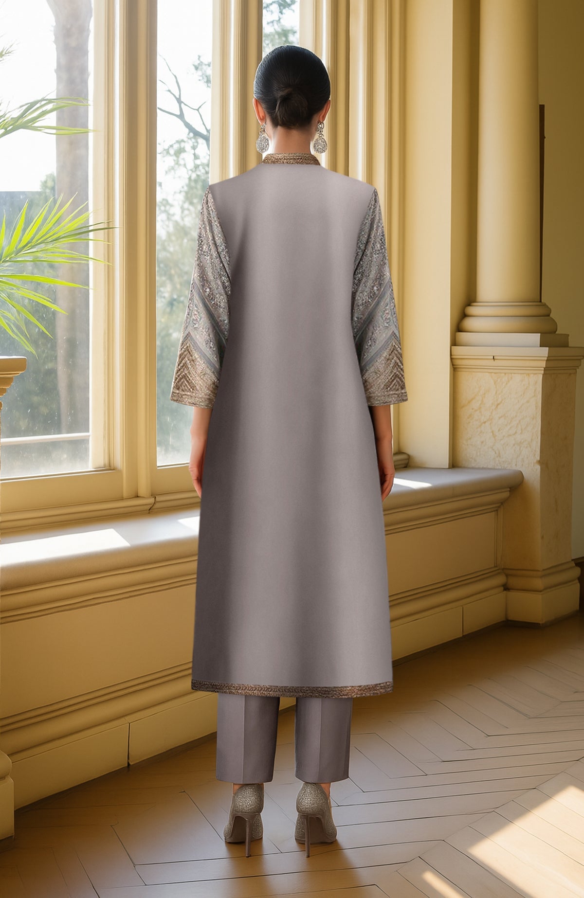 Grey embroidered jacket with beads and sequins paired with tailored straight-leg jumpsuit
