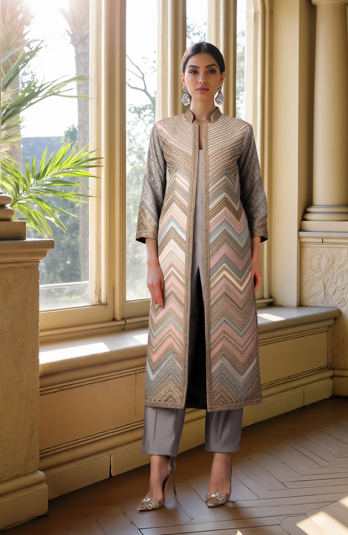 Grey embroidered jacket with beads and sequins over a taupe-gray straight-leg jumpsuit