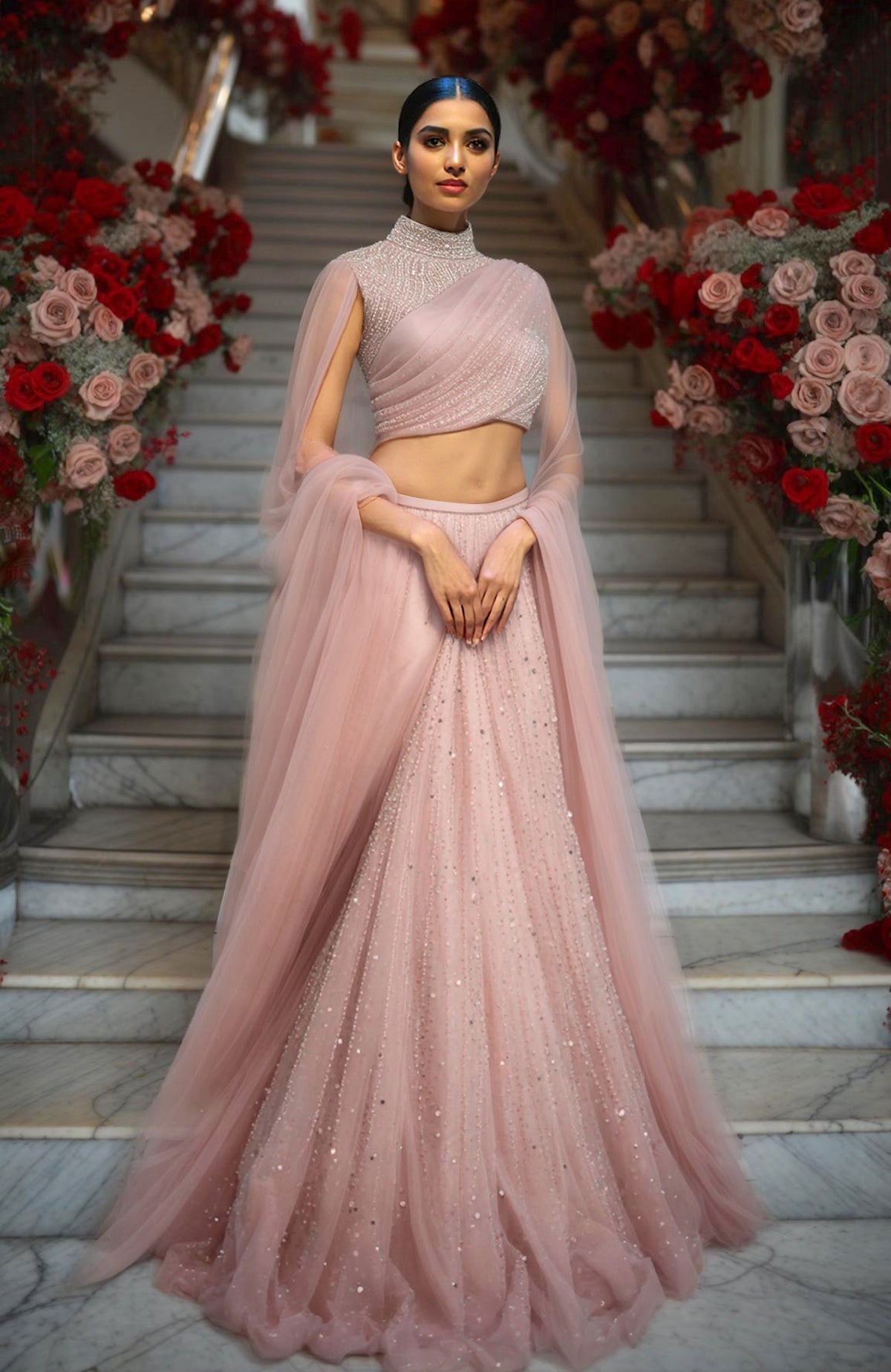 Blush pink lehenga set with embroidered high-neck blouse, tulle skirt, and sheer dupatta.