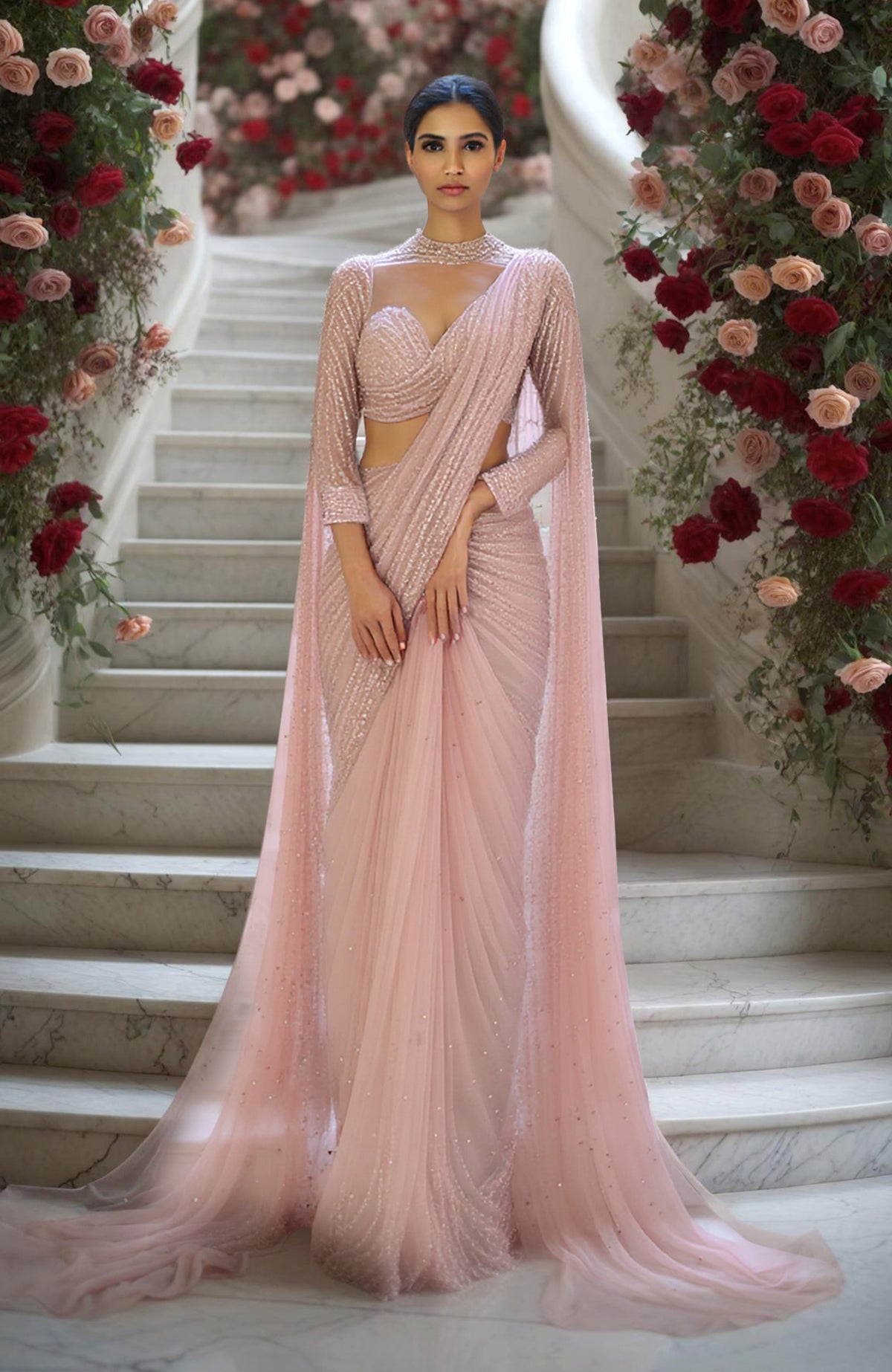 Blush pink saree set with embroidered beads, sequins, high-neck blouse, and sheer cape sleeves.