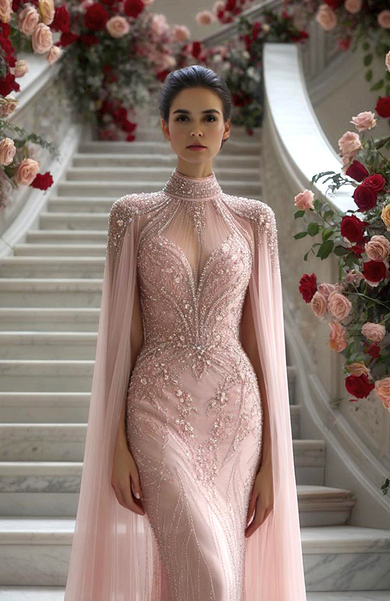 Blush pink gown with embroidered bodice, sheer high neck, long sleeves, and flowing cape overlay.