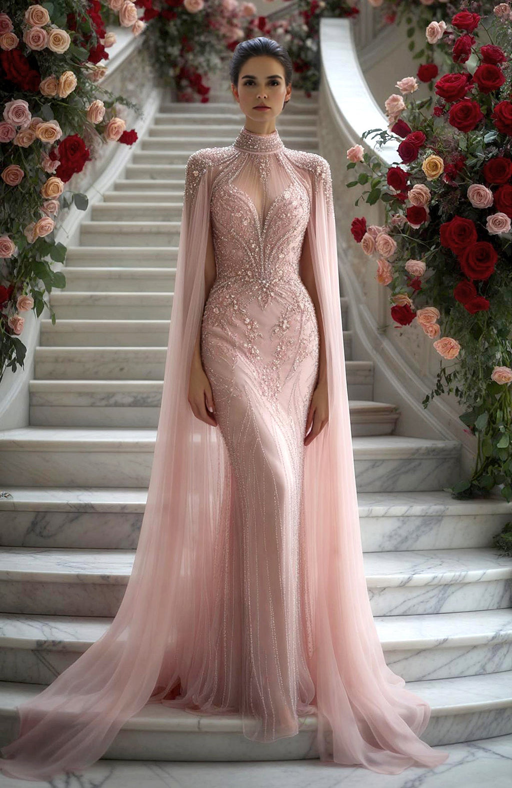 Blush pink gown with embroidered bodice, sheer long sleeves, and flowing cape overlay.