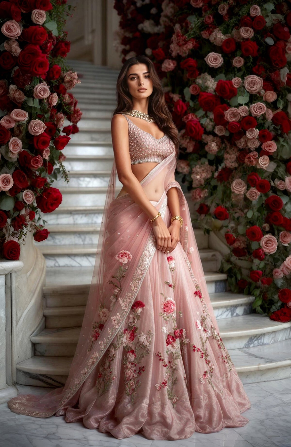 Blush pink lehenga set with floral Resham and Zardozi embroidery, sheer dupatta, and raw silk blouse.