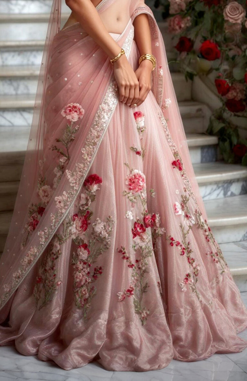 Blush pink lehenga set with floral Resham and Zardozi embroidery and sheer tulle dupatta.