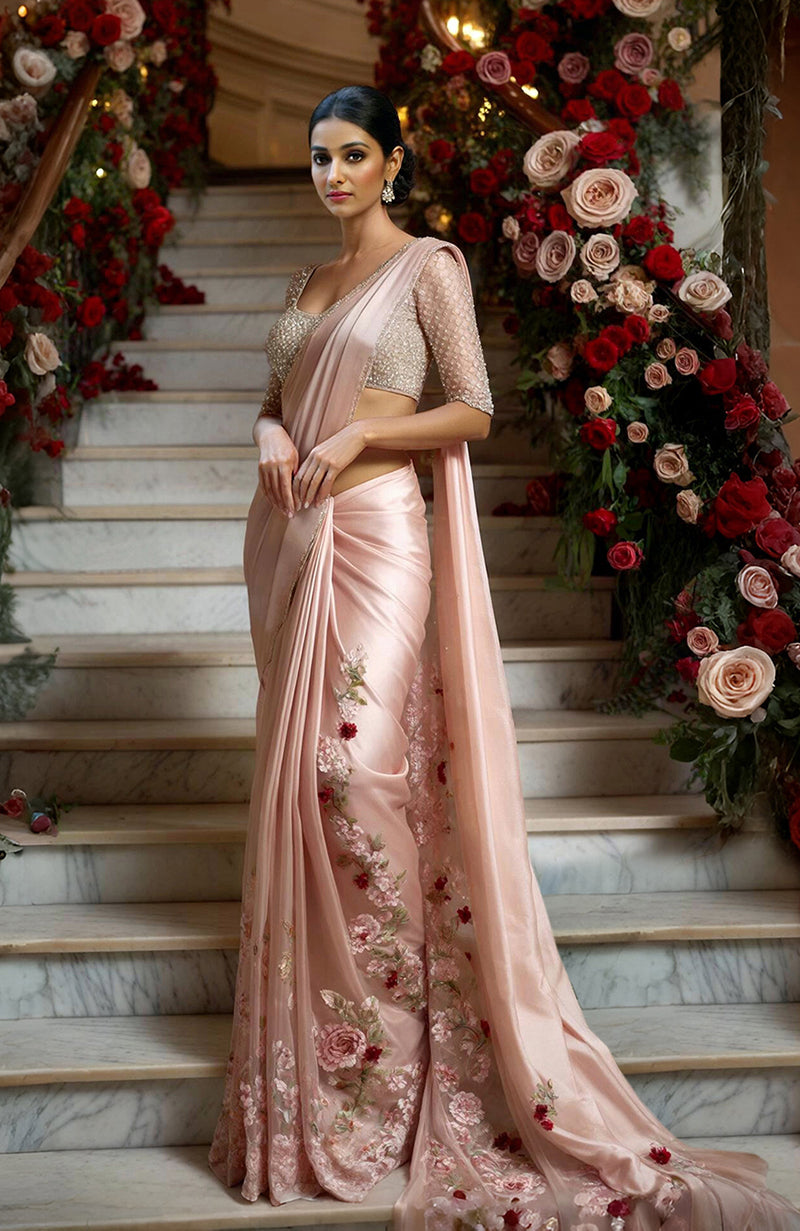 Blush pink satin saree with floral Resham and Zardozi embroidery and embellished blouse.