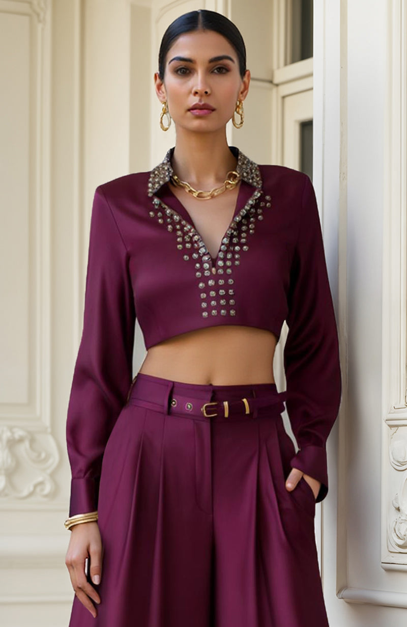 Plum co-ord set with cropped blouse featuring metallic collar and wide-leg palazzo pants with printed hem