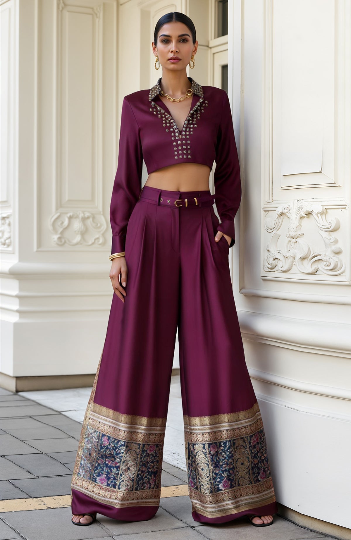 Plum co-ord set with cropped blouse featuring metallic collar and wide-leg palazzo pants with print hem