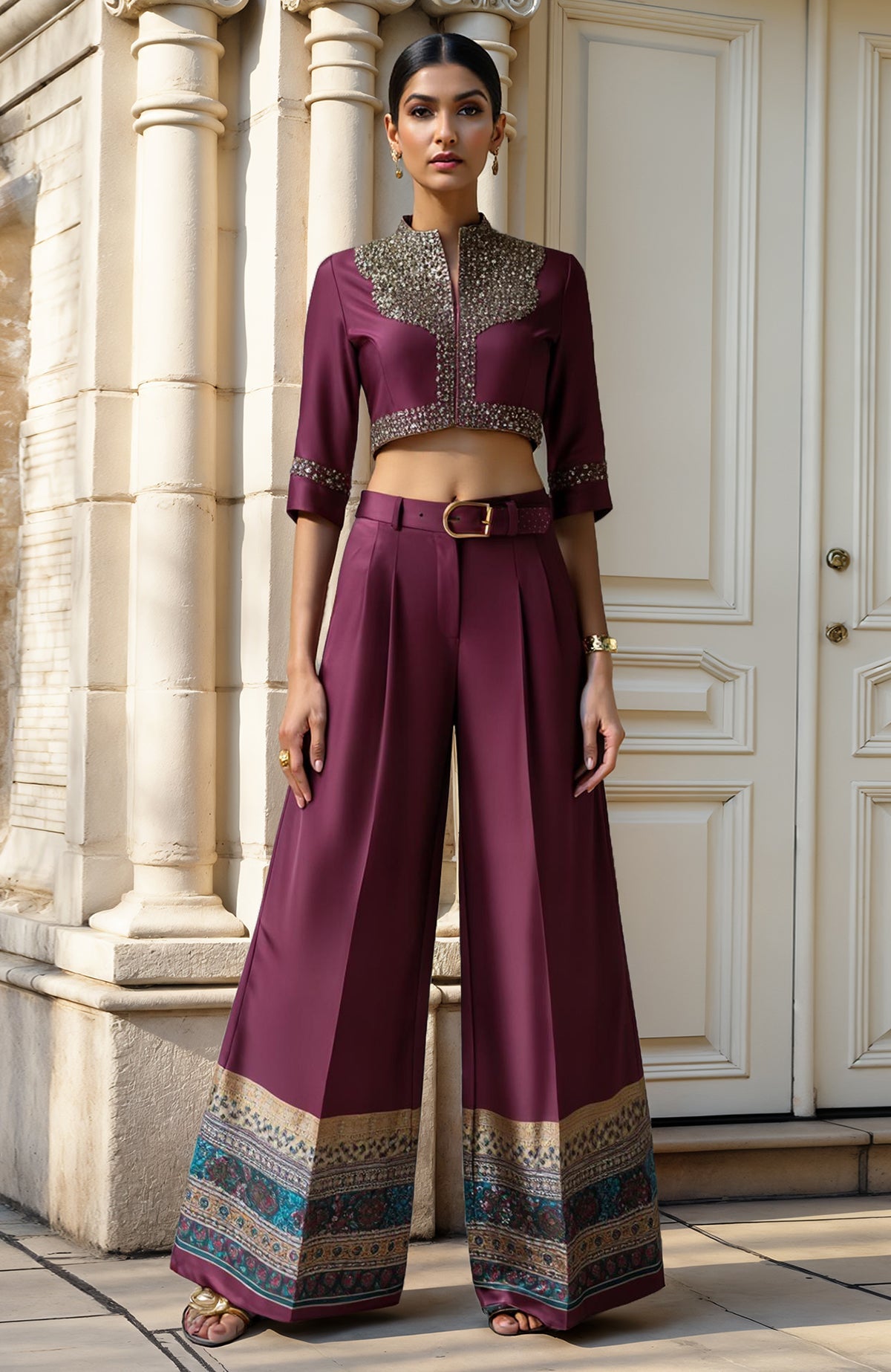 Deep plum co-ord set with structured cropped blouse and wide-leg palazzo pants with gold embellishments