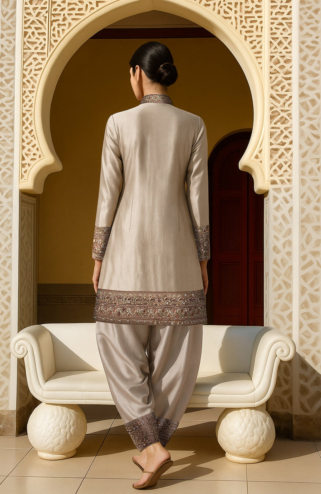 Ivory long jacket with floral Kashidakari embroidery and draped salwar pants in silk fabric