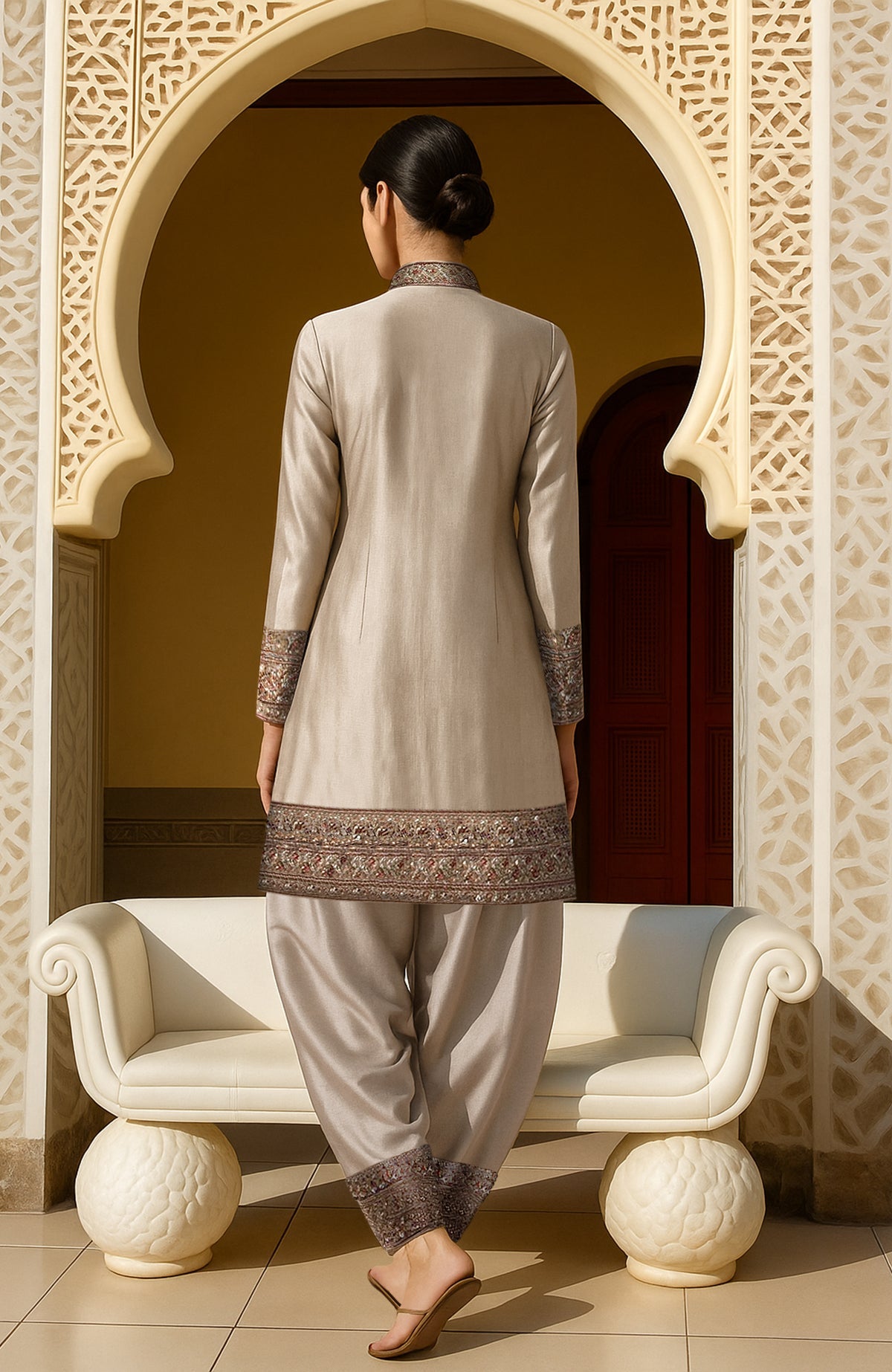 Ivory long jacket with floral Kashidakari embroidery and draped salwar pants in silk fabric