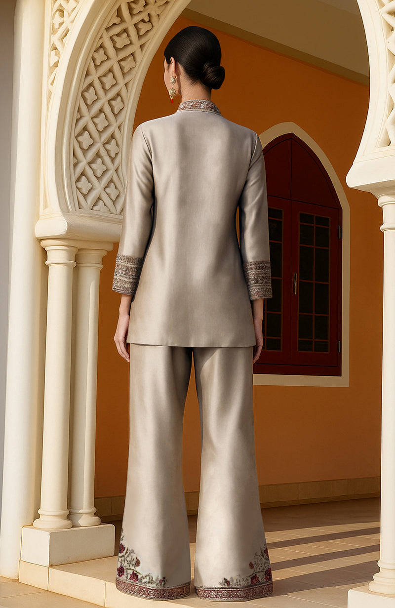 Champagne Kashidakari embroidered mid-length jacket with floral motifs and matching wide-leg trousers
