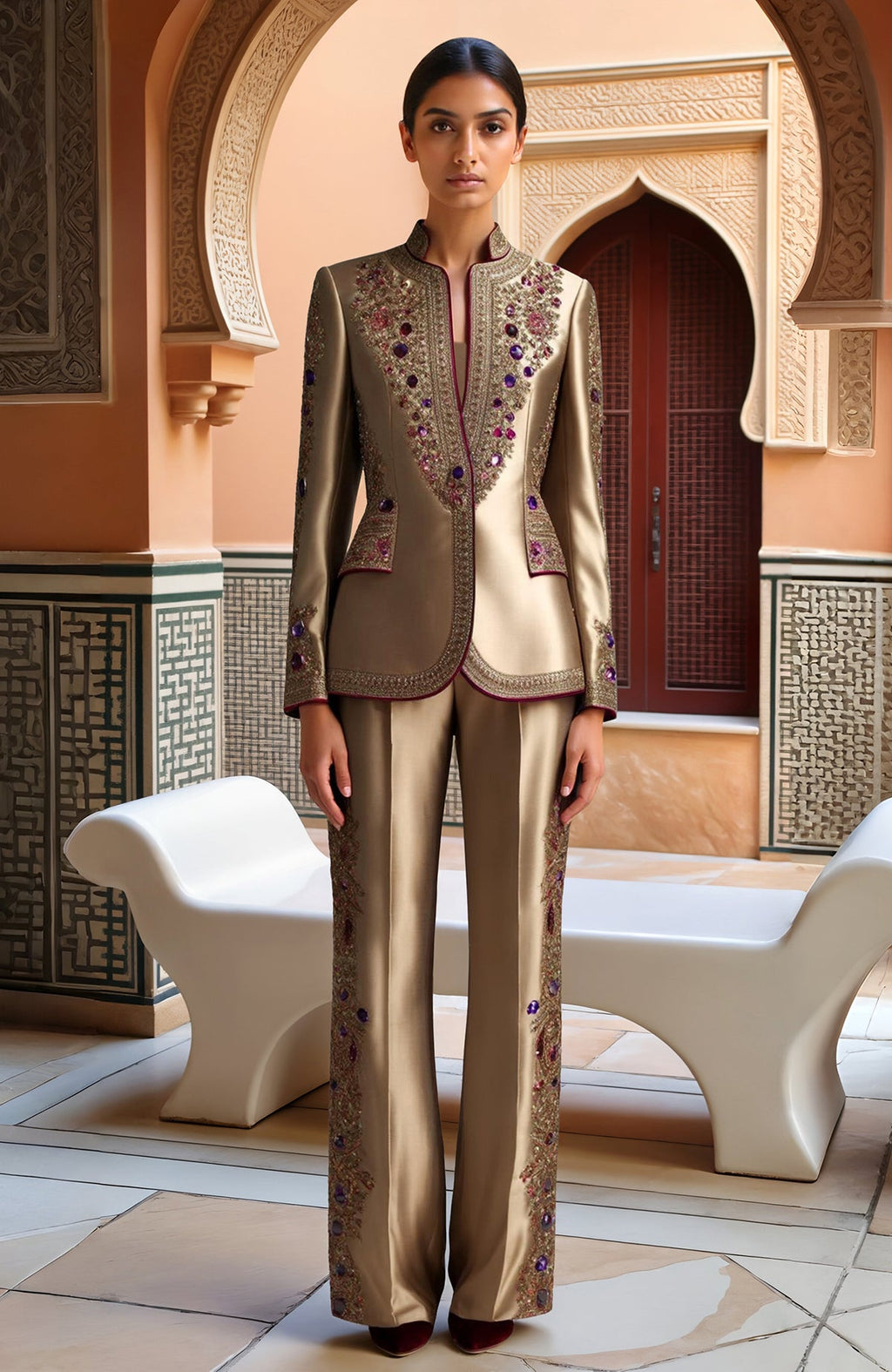 Gold embroidered blazer with mandarin collar and wide-leg trousers with vertical embroidery.