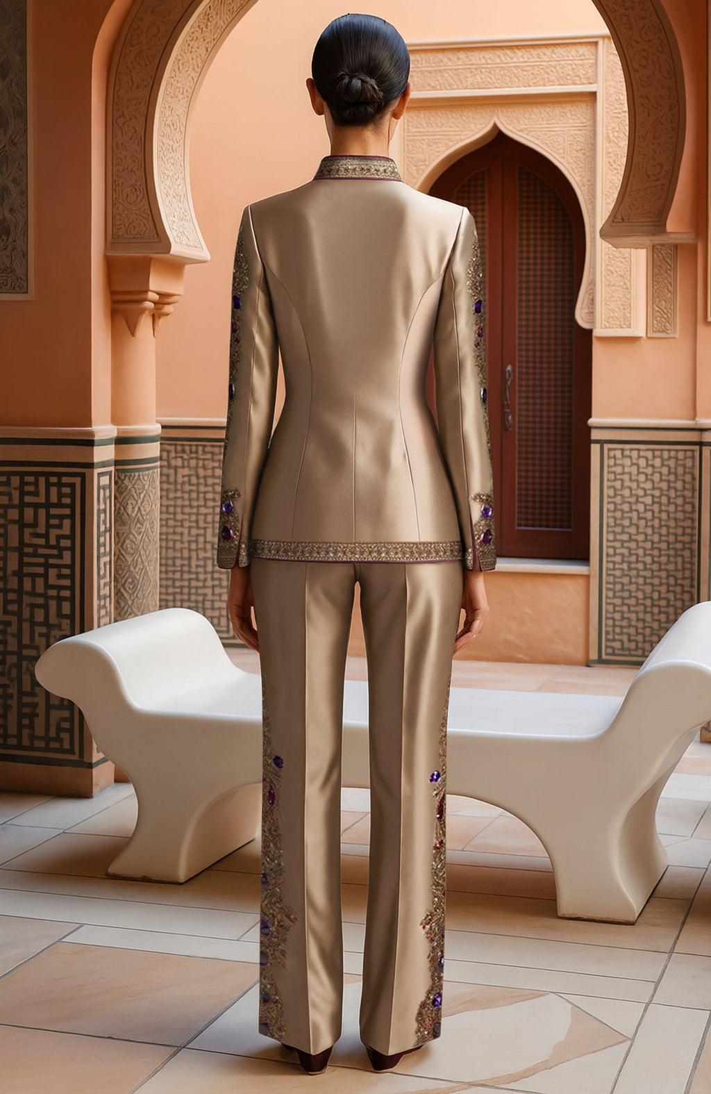 Gold embroidered blazer with mandarin collar and wide-leg trousers with vertical embroidery.