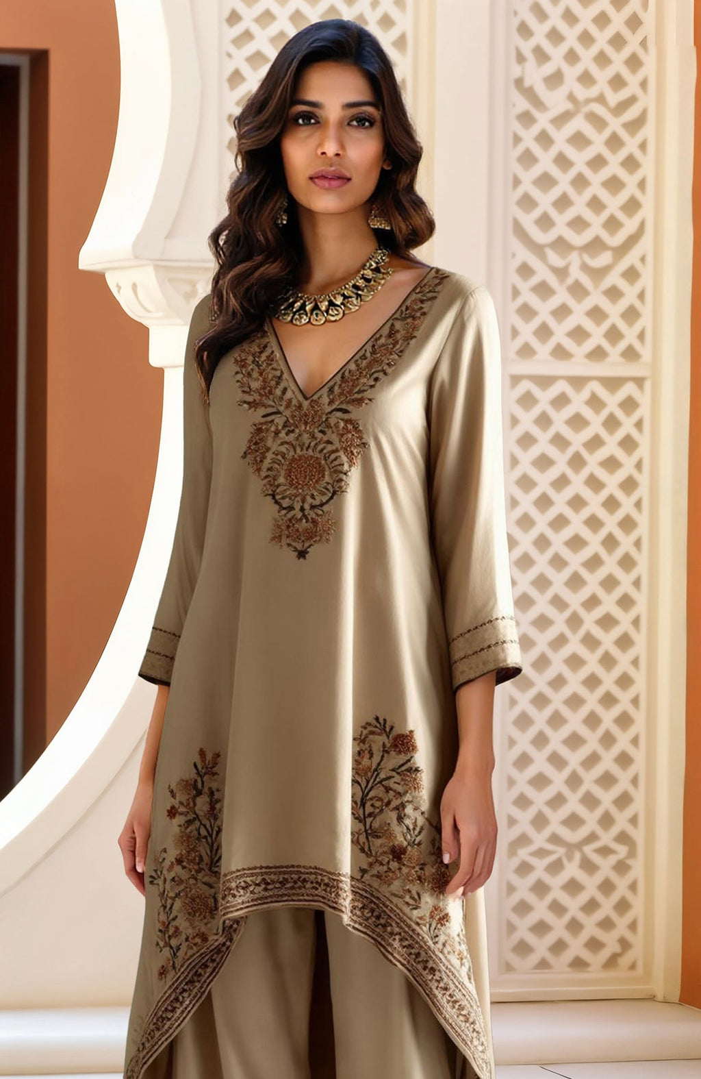 Beige Kashida Jamawar embroidered high-low kurta with wide-leg trousers featuring floral motifs.
