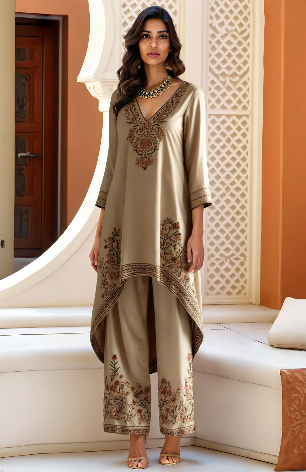 Beige Kashida Jamawar embroidered high-low kurta with wide-leg trousers featuring floral motifs.