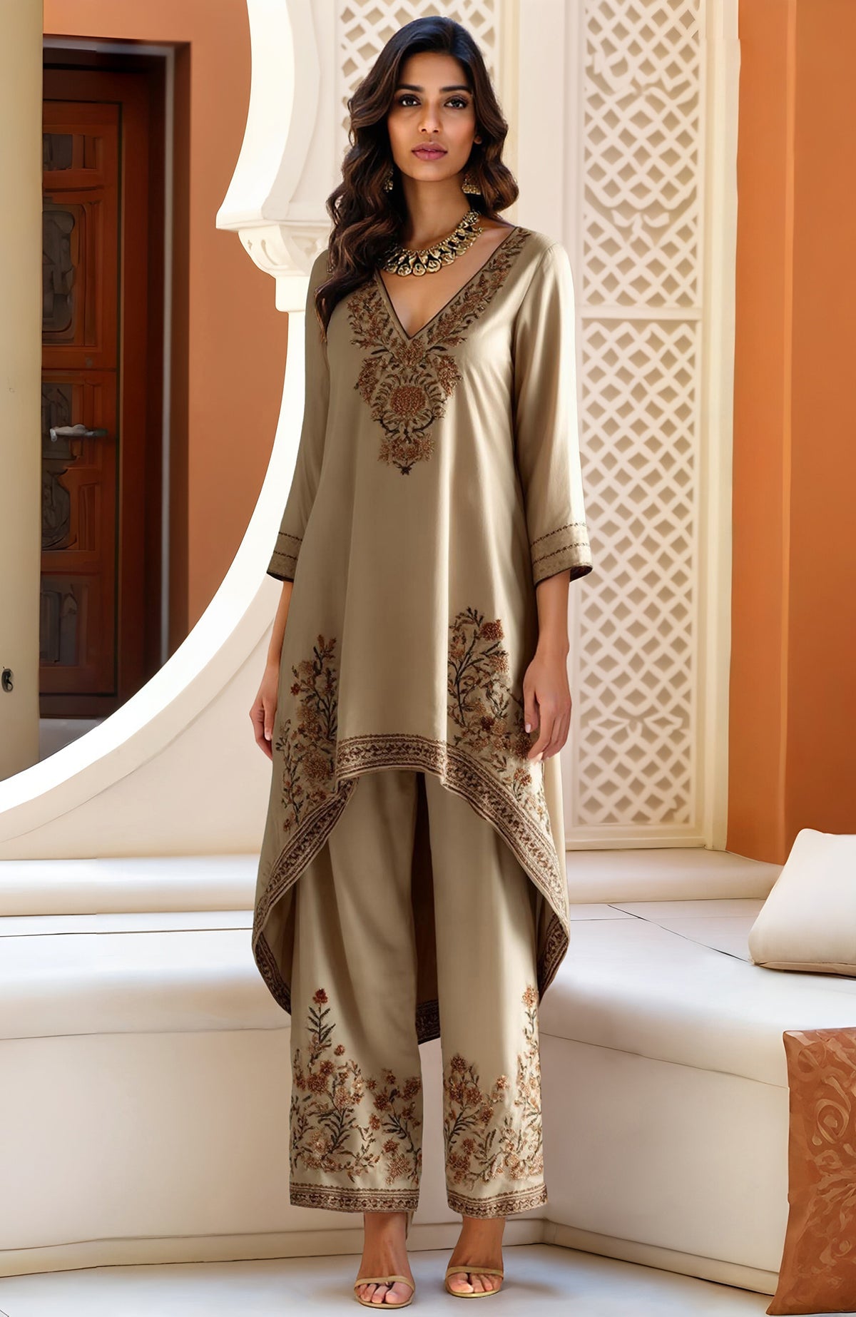 Beige Kashida Jamawar embroidered high-low kurta with wide-leg trousers featuring floral motifs.