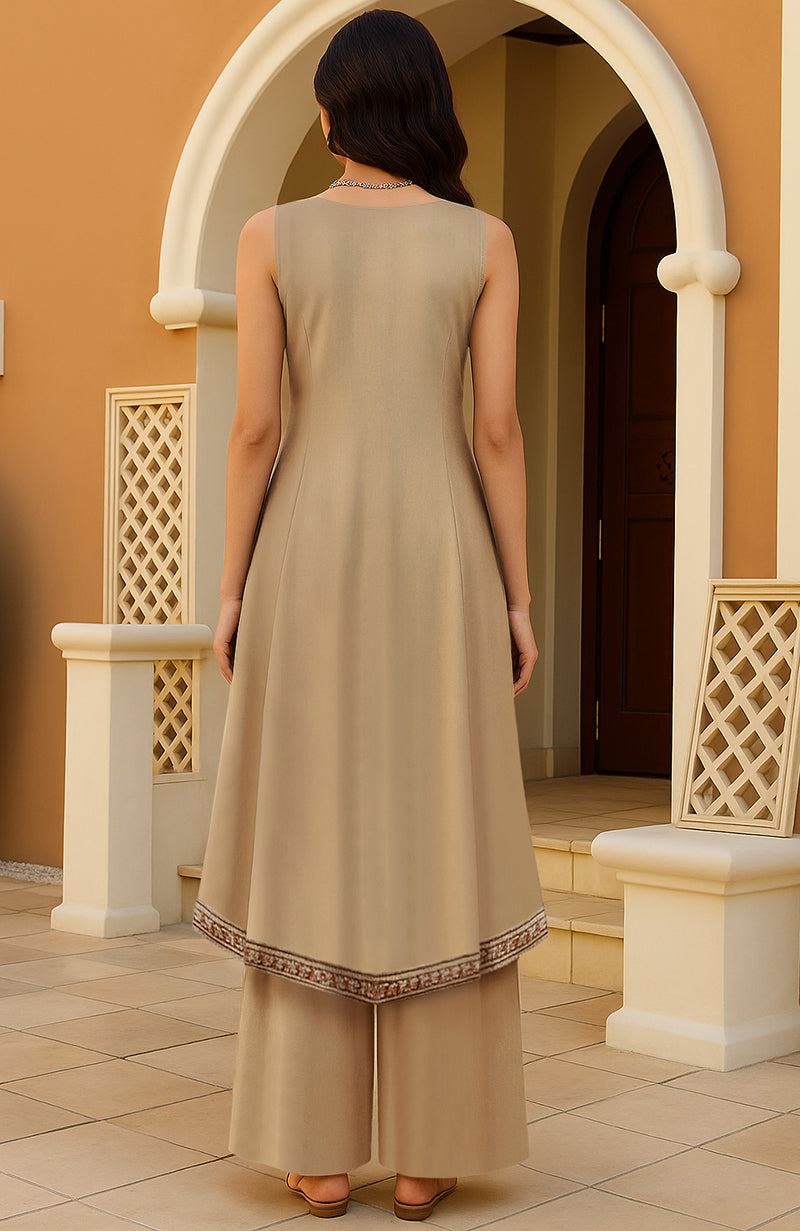 Beige asymmetric sleeveless embroidered tunic with V-neck and wide-leg trousers set