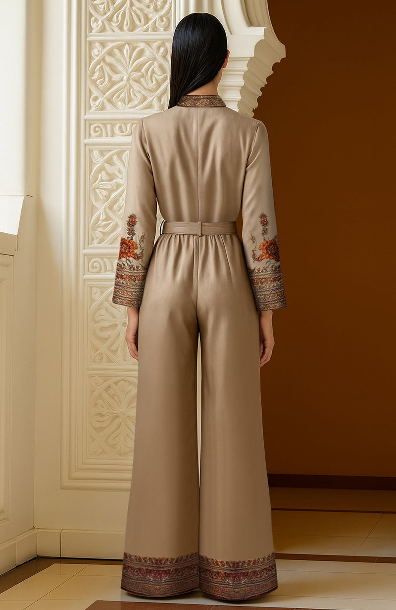 Beige Kashmir Jamawar embroidered jumpsuit with belted waist and flared sleeves and pants