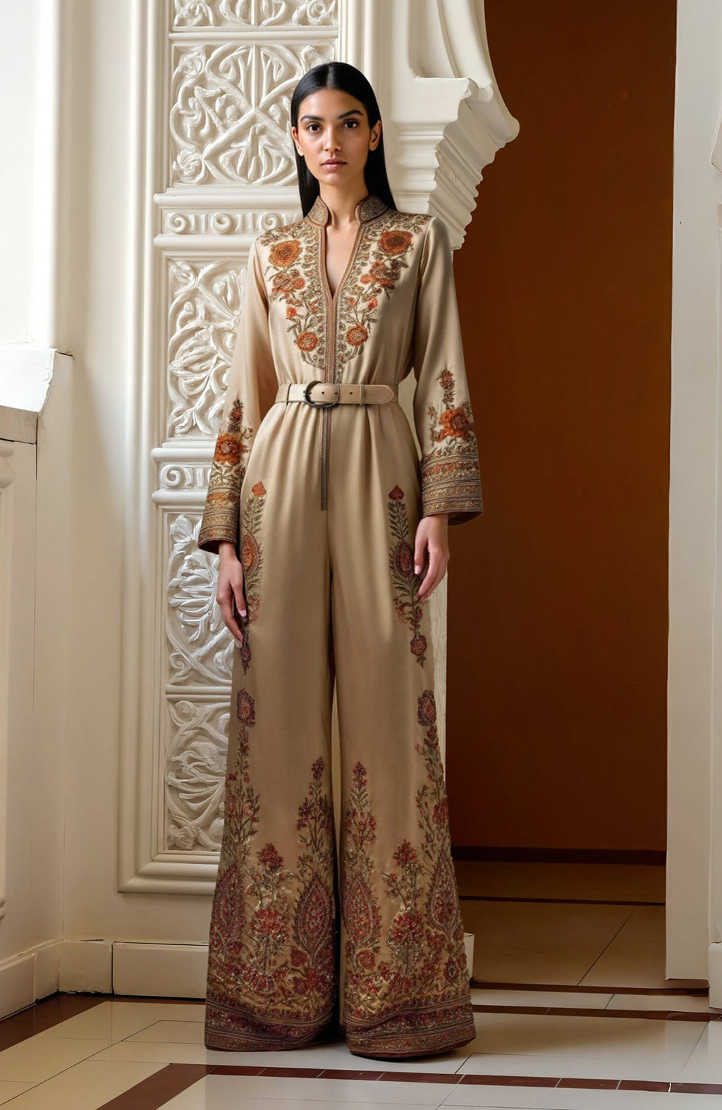 Beige Kashmir Jamawar embroidered jumpsuit with belted waist, flared sleeves, and wide-leg pants.