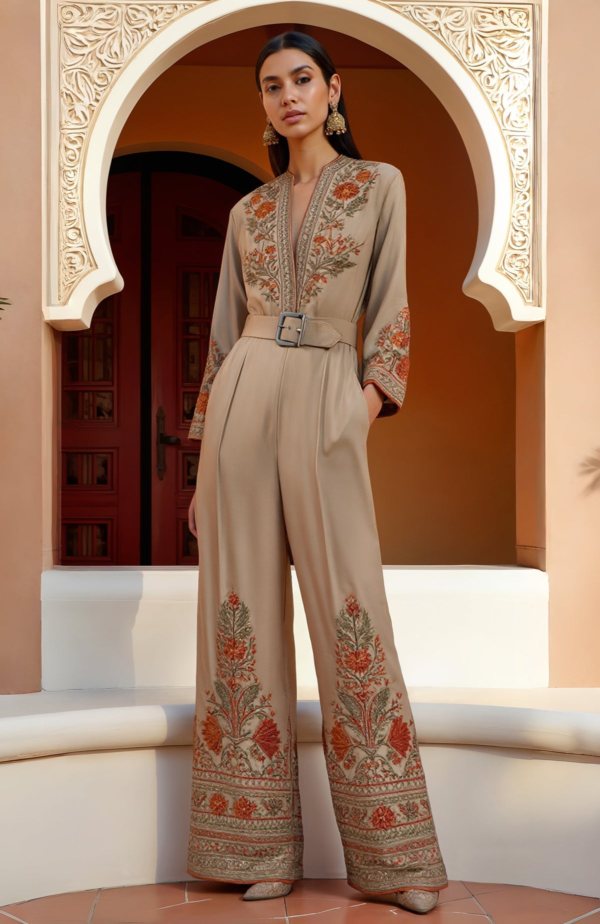 Beige jamawar embroidered belted jumpsuit with deep V-neck and wide-leg trousers
