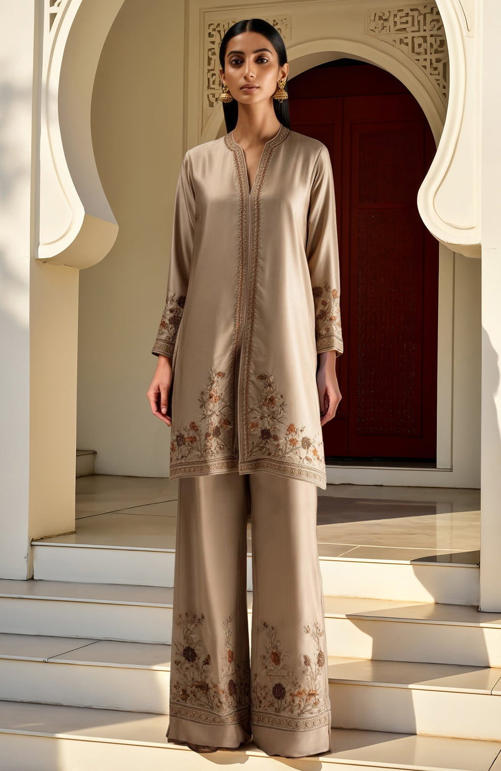 Beige Jamawar embroidered high-low kurta with wide-leg trousers featuring floral threadwork.