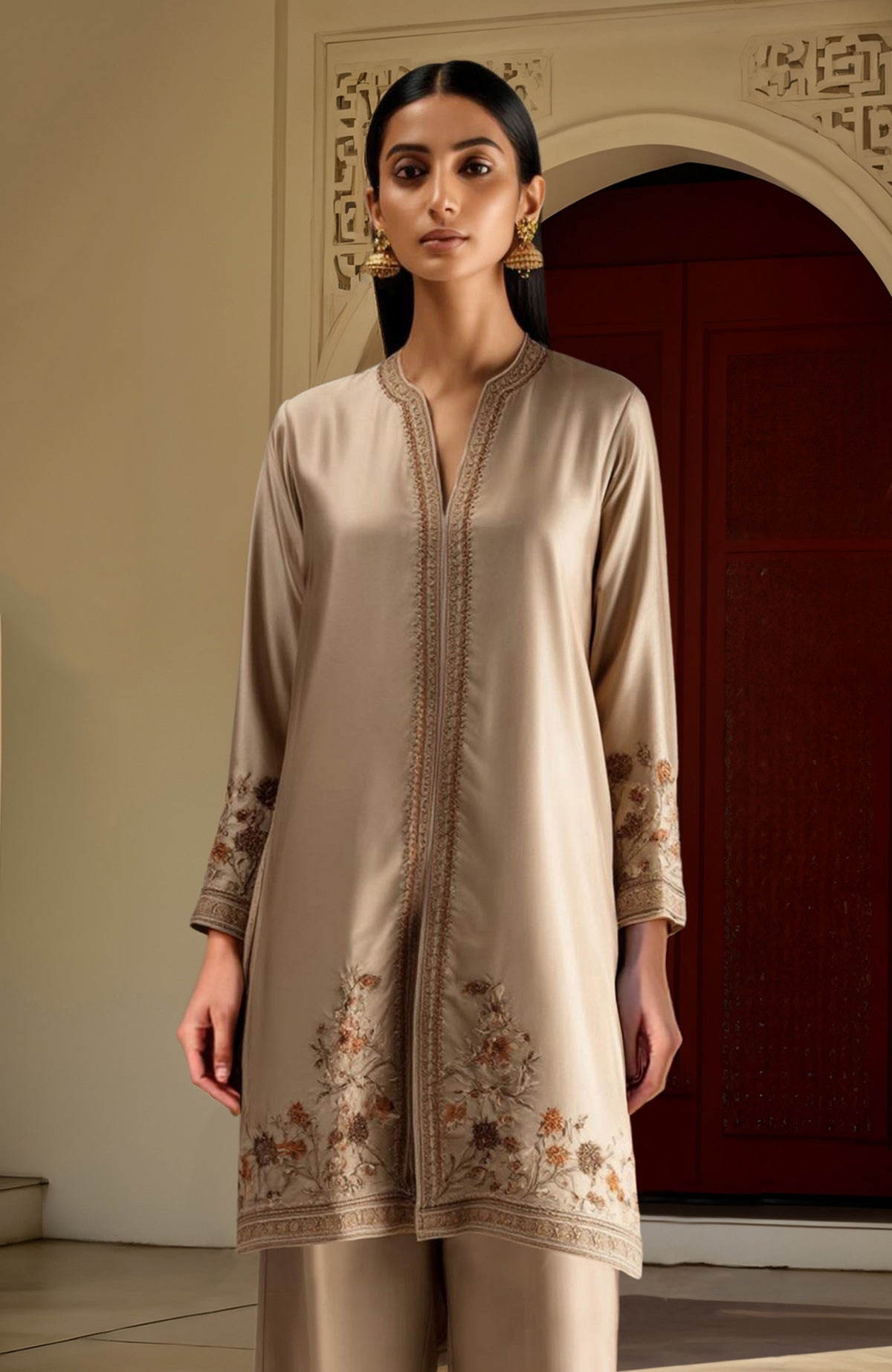 Beige Jamawar embroidered high-low kurta with floral embroidery and wide-leg trousers set
