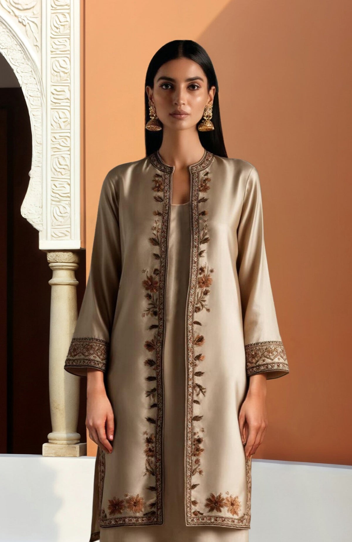 Beige jamawar embroidered long jacket with mandarin collar and wide-leg trousers with hem embroidery