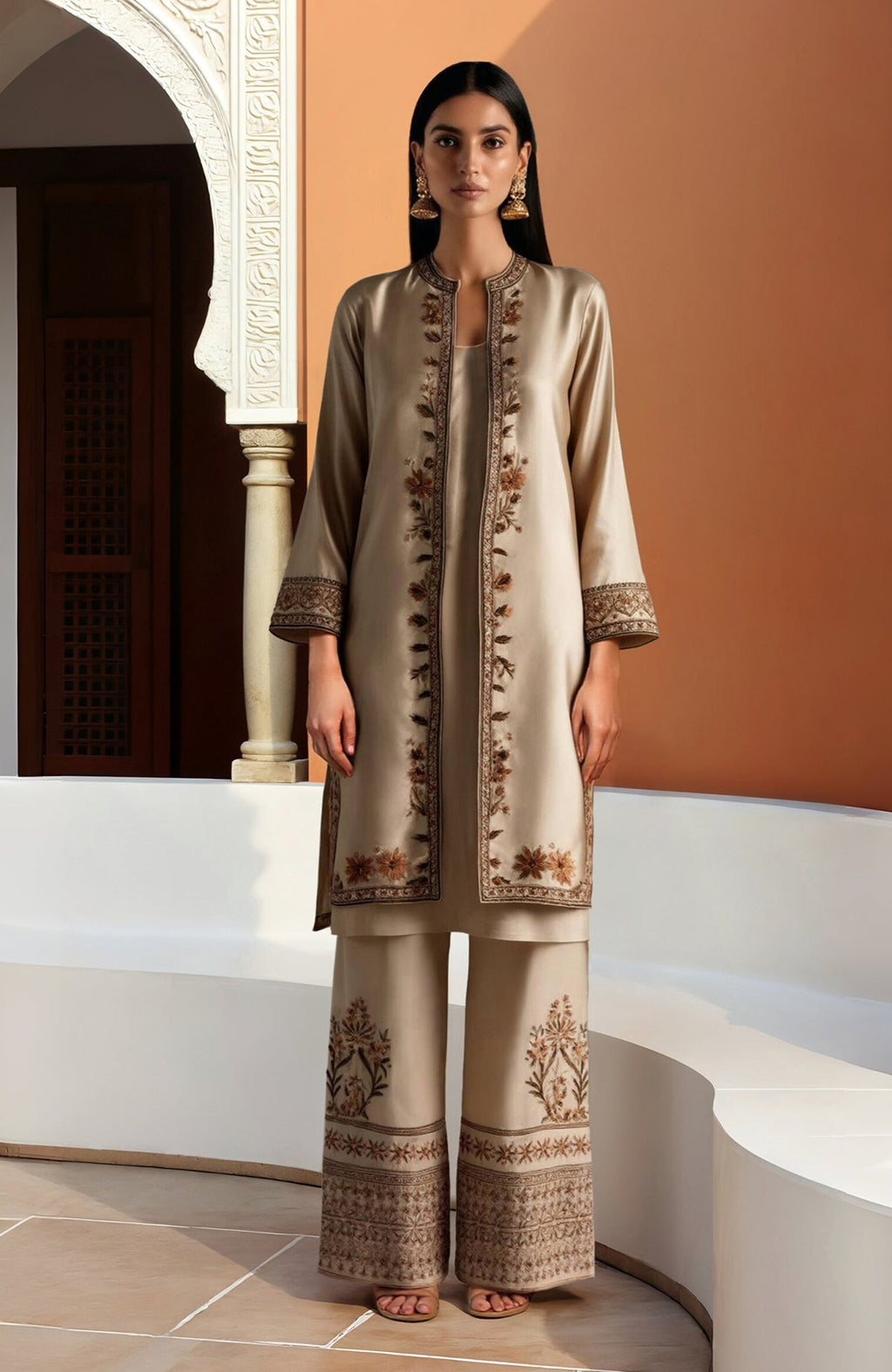 Beige jamawar embroidered long jacket with mandarin collar and wide-leg trousers with hem embroidery