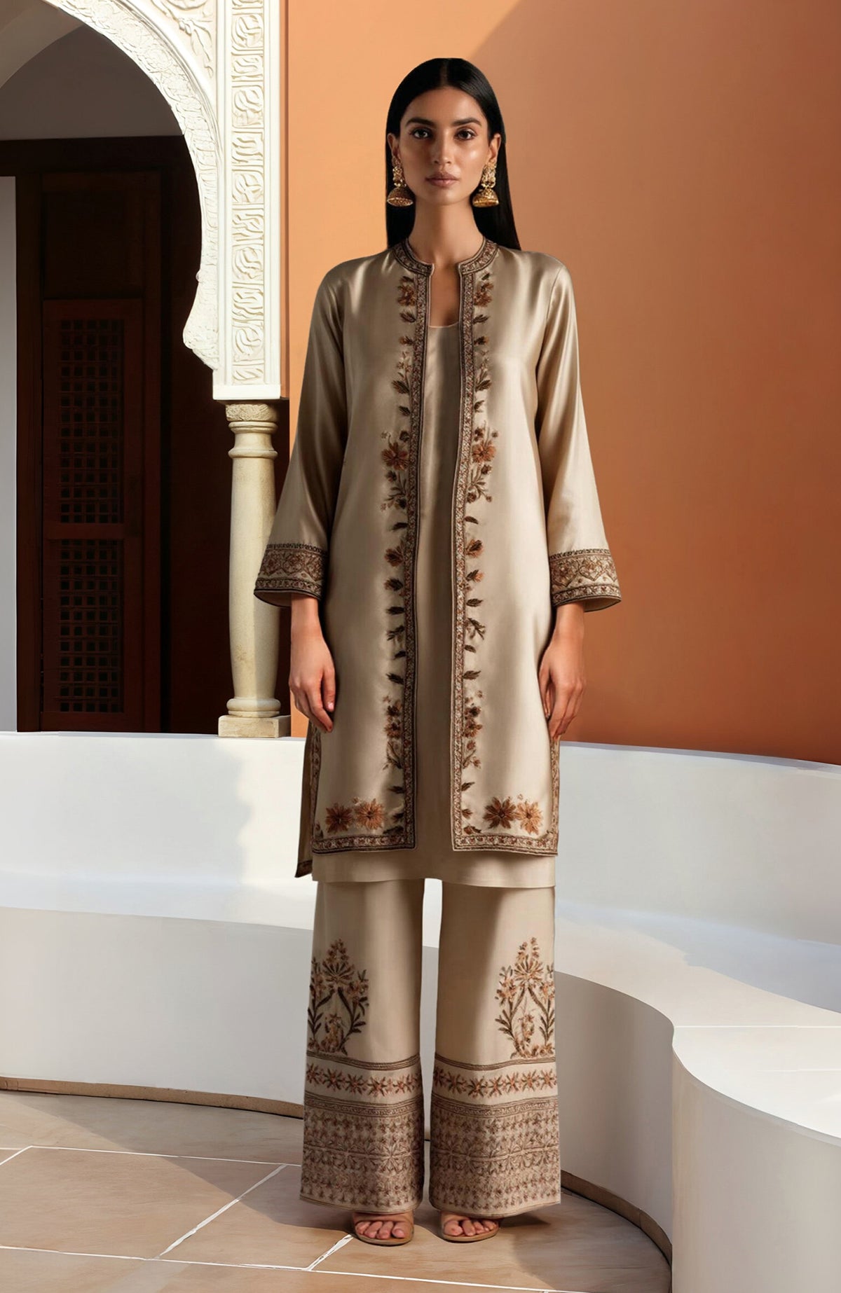 Beige jamawar embroidered long jacket with mandarin collar and wide-leg trousers with hem embroidery