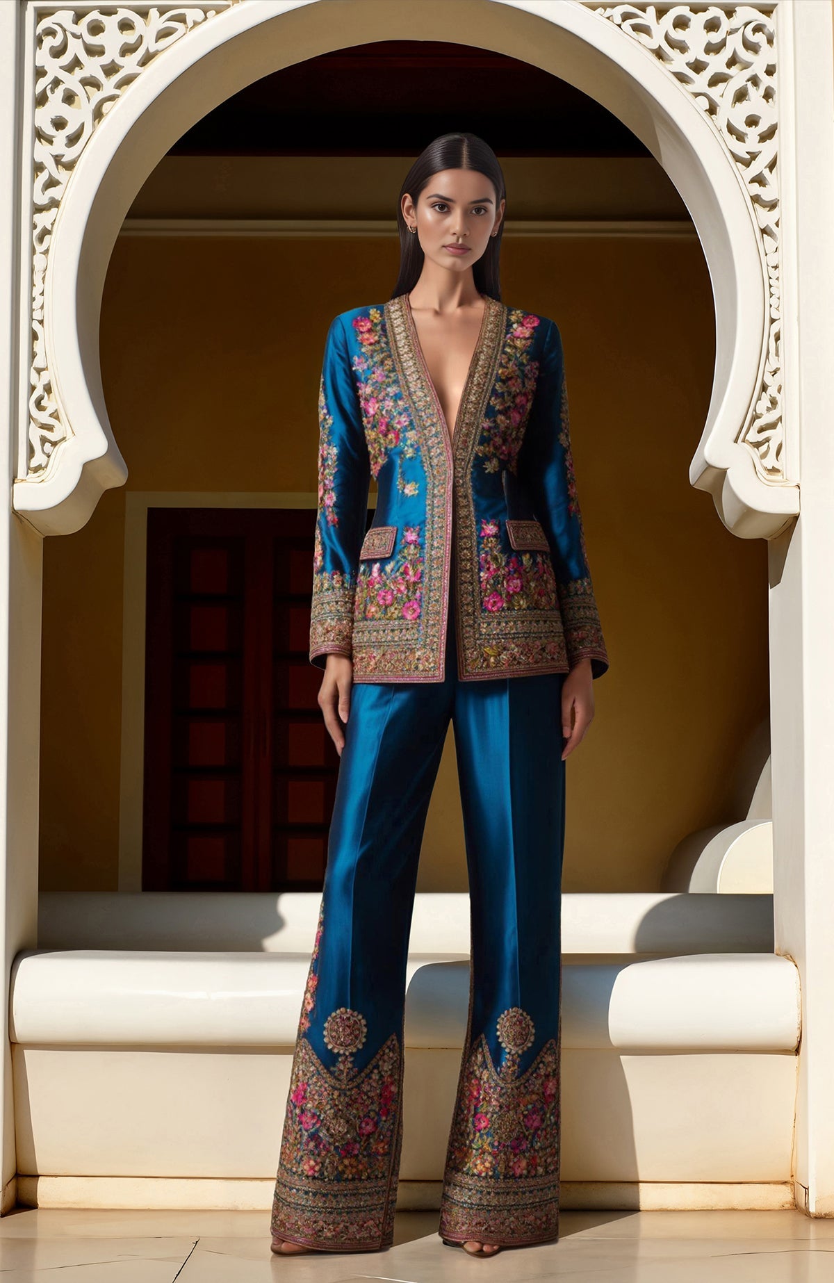 Teal two-piece ensemble with gold, pink, and green zardozi and resham embroidery details.