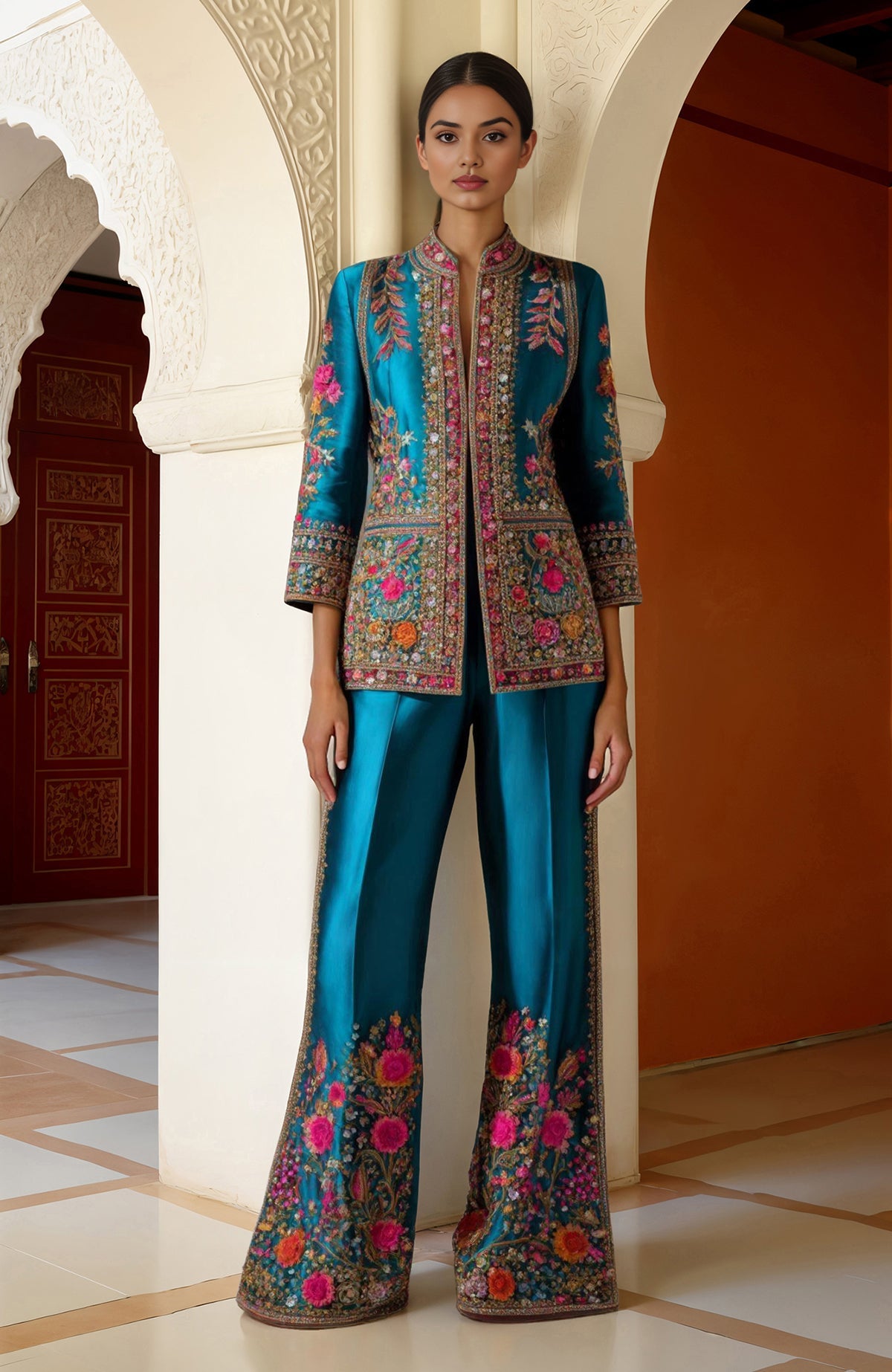 Teal two-piece with long-sleeve embroidered jacket and flared palazzo pants with floral motifs.