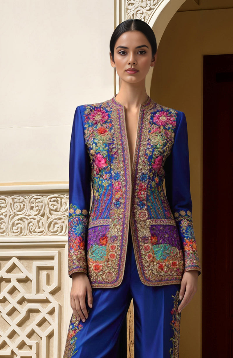 Royal blue two-piece ensemble with gold and multicolor floral zardozi embroidery and flared palazzo pants