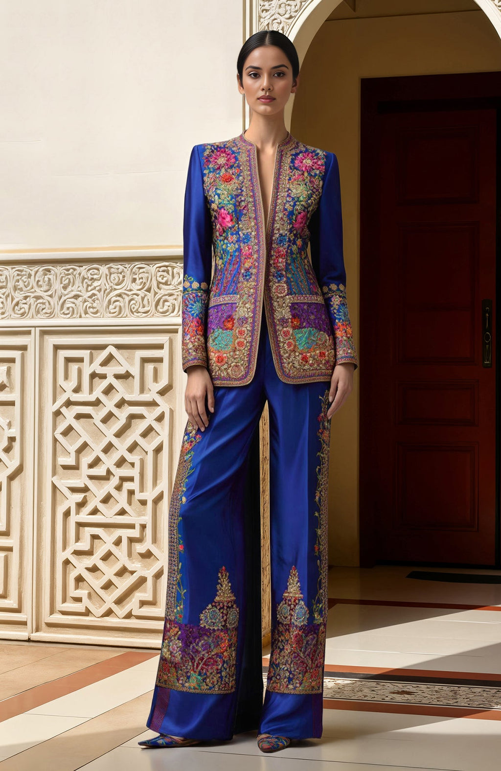Royal blue two-piece with gold and multicolor floral zardozi embroidery and flared palazzo pants.