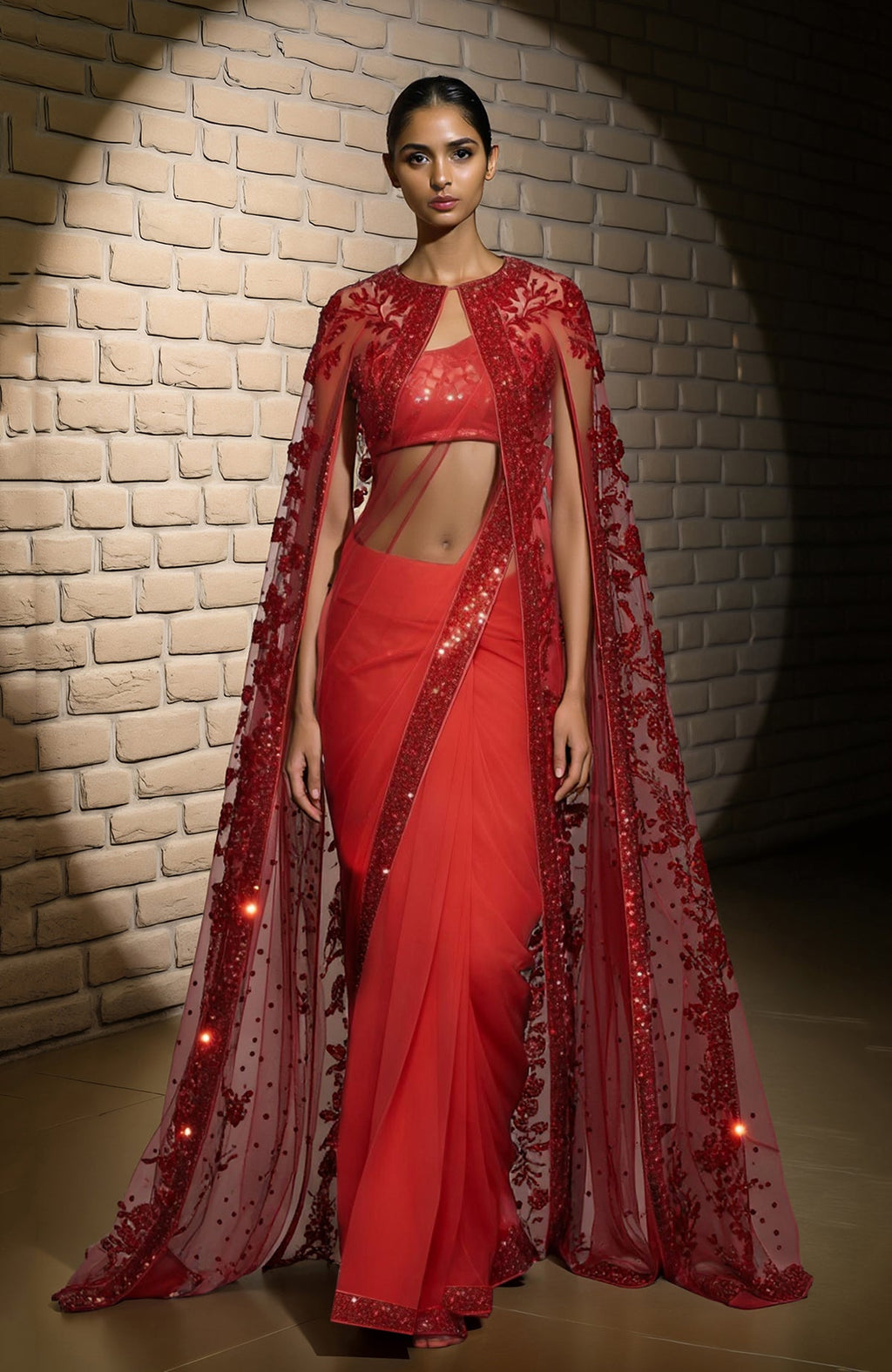 Scarlet red saree with sequined border and sheer embroidered floral cape with beadwork.