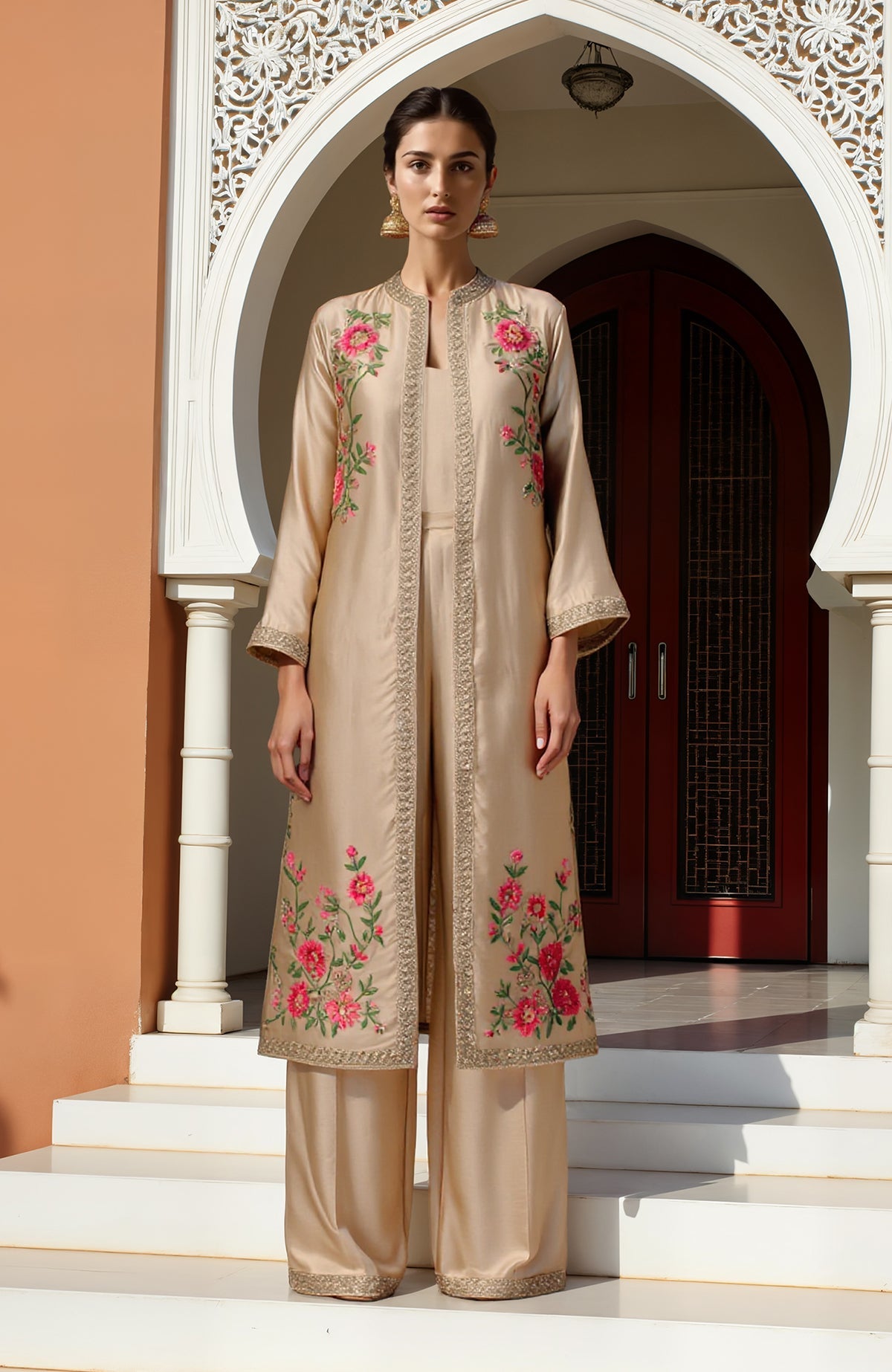 Beige paper mache Kashidakari embroidered jacket with floral designs, matching trousers and camisole set.