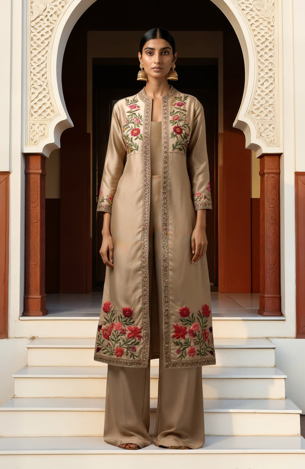 Beige long jacket with pink and green floral embroidery, matching wide-leg trousers, and camisole top.