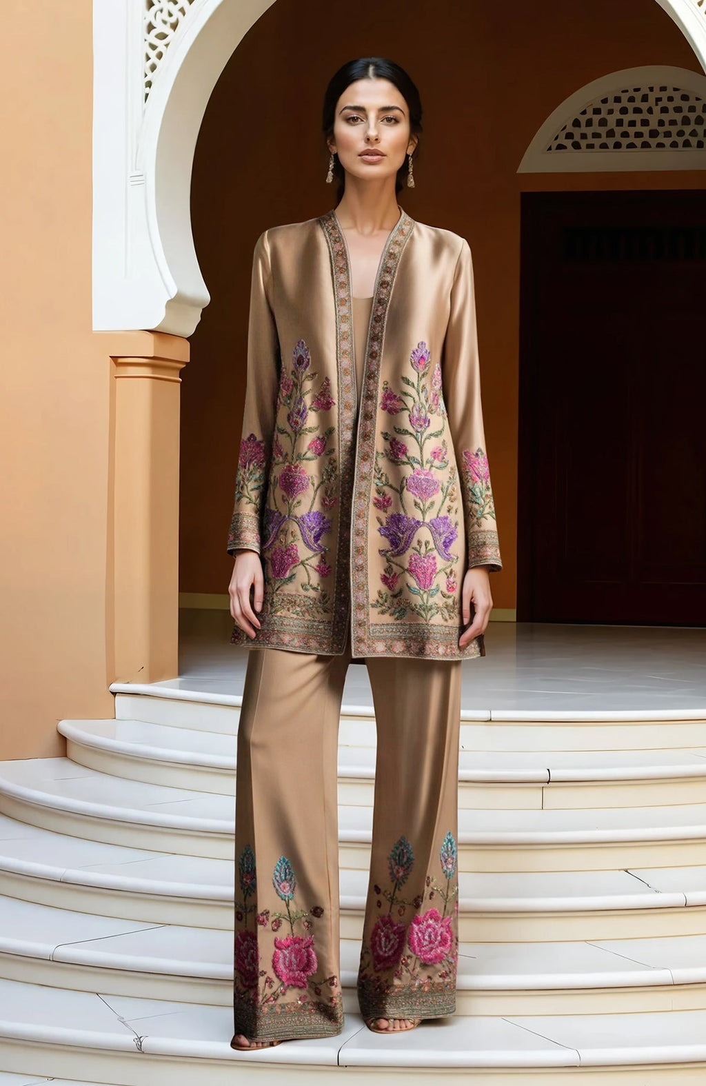 Beige embroidered open-front jacket with floral Kashidakari embroidery, matching camisole and wide-leg trousers.