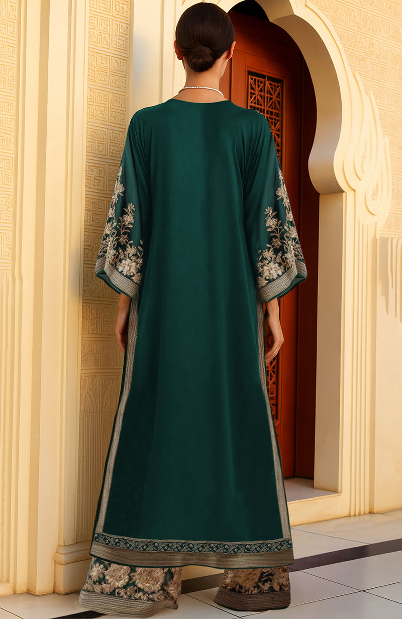 Dark green kaftan dress with gold floral embroidery, deep V-neck, wide sleeves, and matching pants.