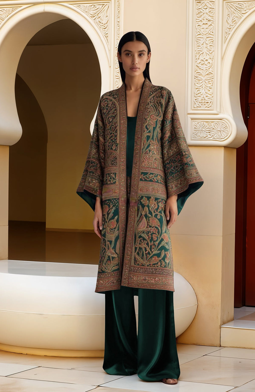 Emerald green embroidered kimono jacket set with wide sleeves and matching trousers and crop top