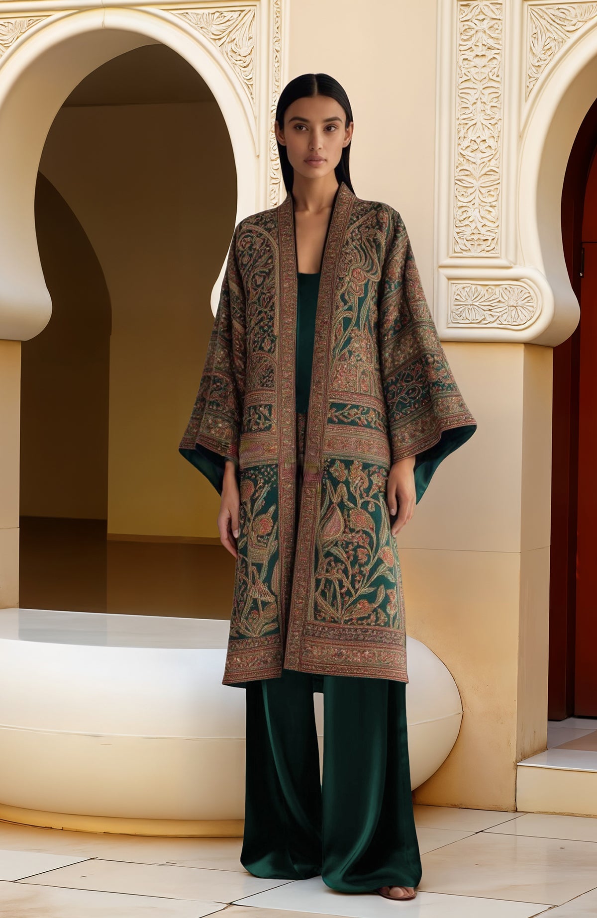 Emerald green embroidered kimono jacket set with wide sleeves and matching trousers and crop top