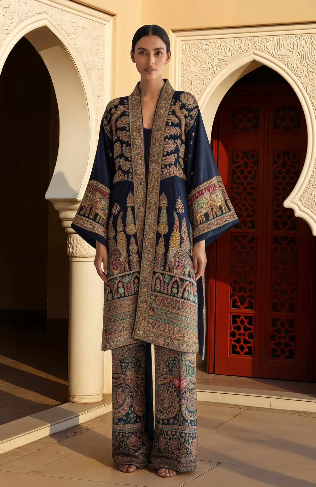 Embroidered kimono jacket set with gold, red, and green motifs featuring elephants and foliage.