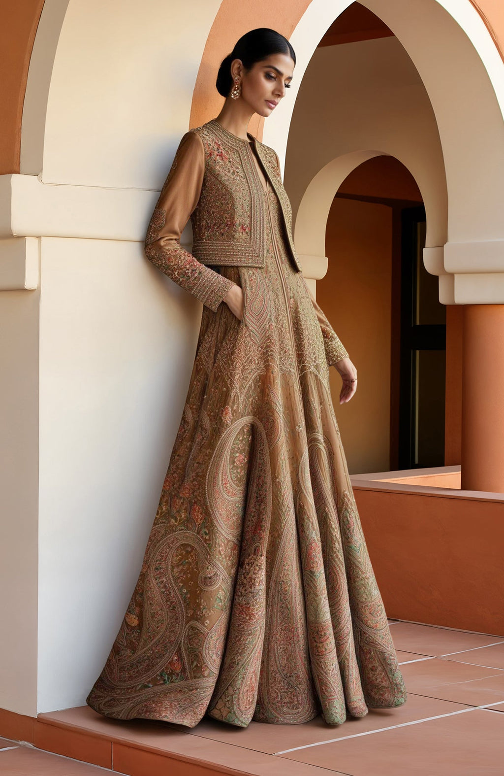 Earthy brown Anarkali gown with paisley embroidery paired with a cropped jacket with full sleeves