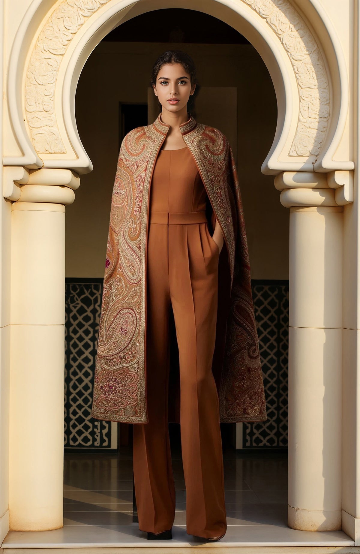 Rust-brown jumpsuit with a fitted bodice and embroidered cape featuring paisley motifs.