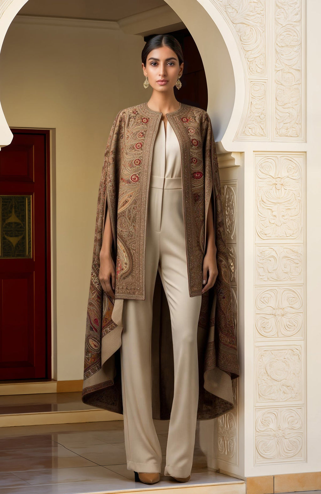 Ivory jumpsuit with pleated bodice and wide legs paired with brown paisley embroidered cape.