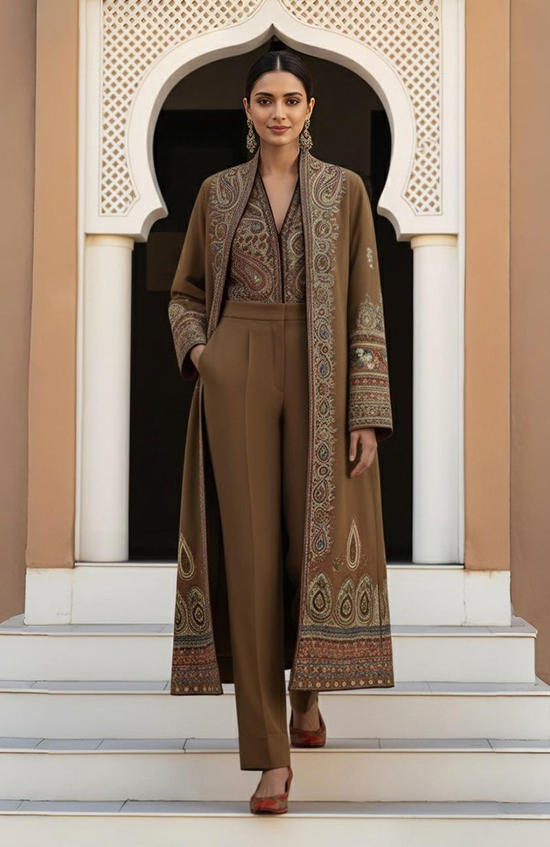 Olive-brown jacket set with paisley embroidery in gold, bronze, and colorful accents